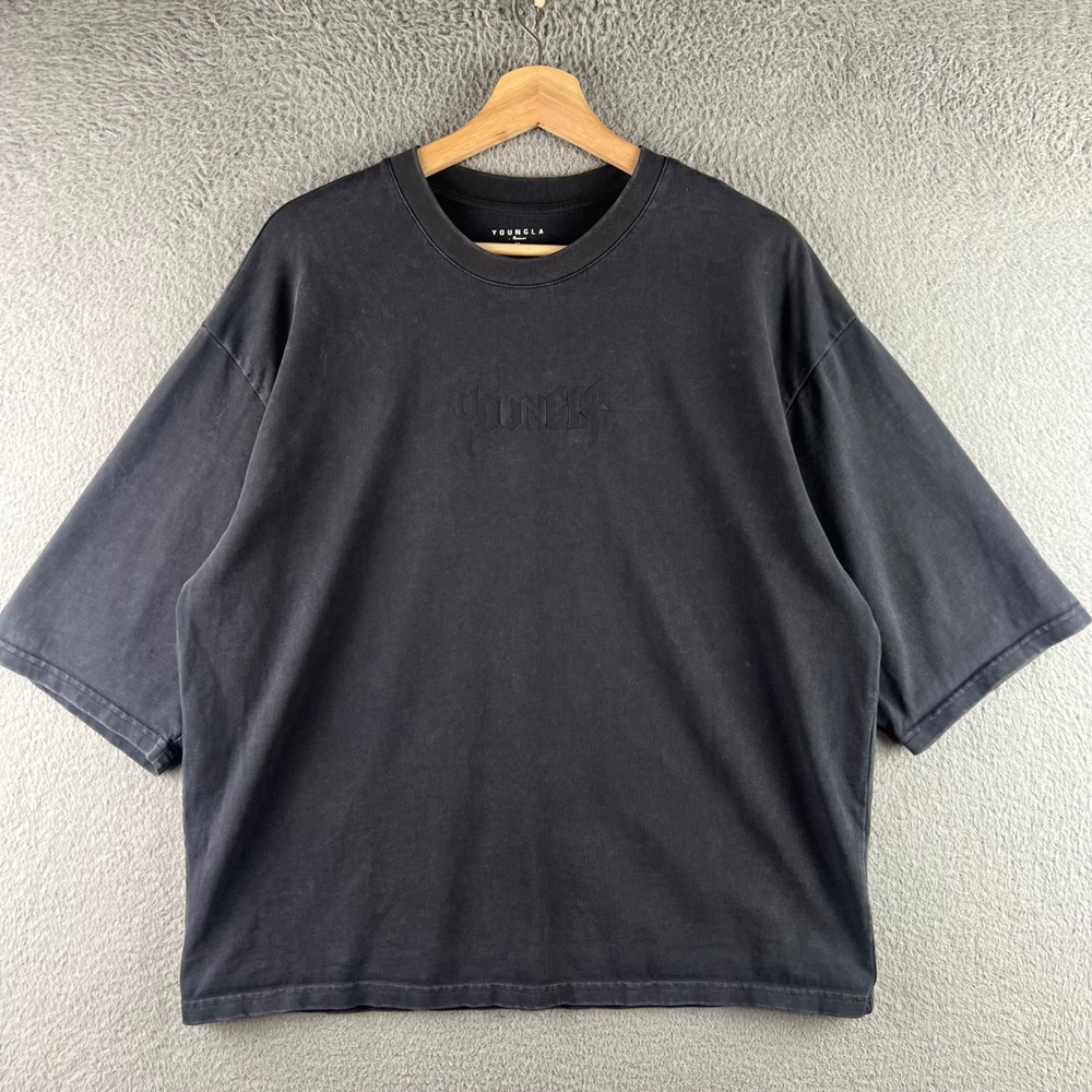 YoungLA 4183 Heavyweight Oversized Tee Faded Black Embroidered Logo Mens Medium